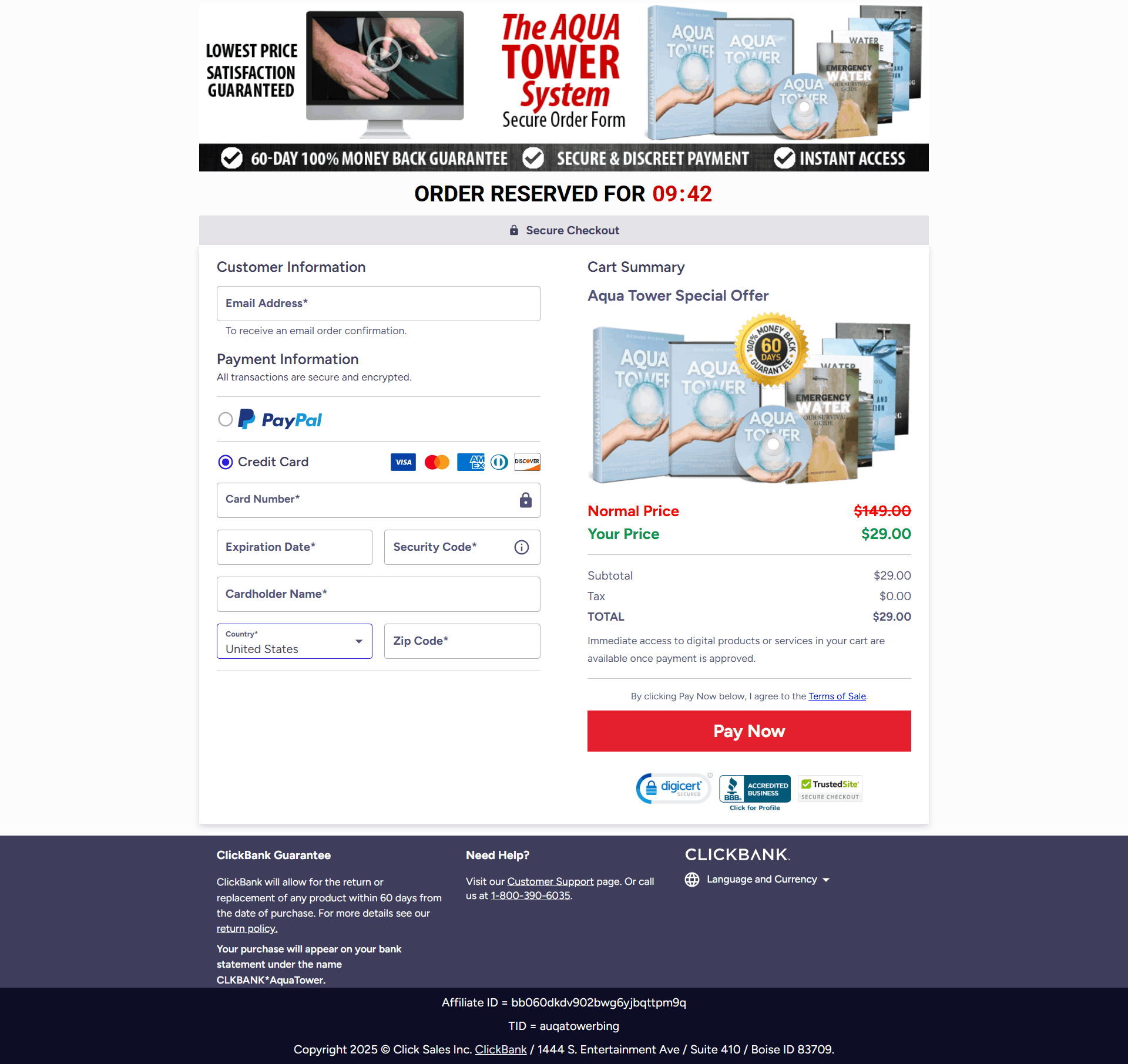 the Aqua Tower Checkout Page